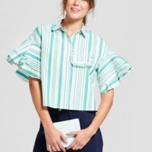 A New Day Green Stripe Ruffle Blouse